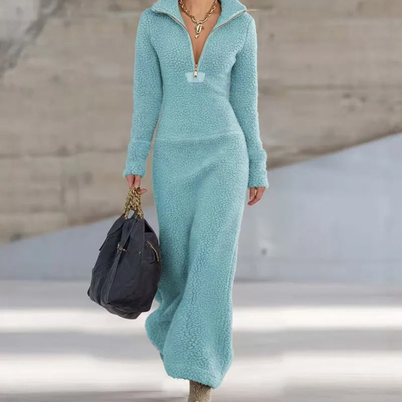 Women's V-Neck A-Line Midi Dress with Zip Detail