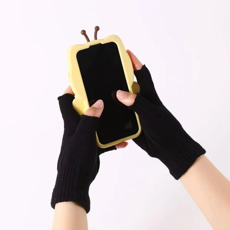 Thick Knit Fingerless Gloves – Unisex Black Half-Finger Gloves
