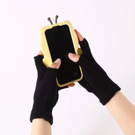 Thick Knit Fingerless Gloves – Unisex Black Half-Finger Gloves