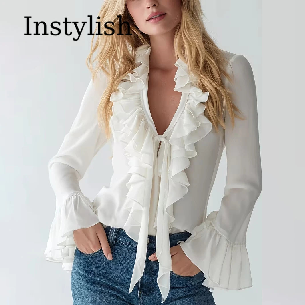 V-Neck Ruffle Sleeve Chiffon Blouse