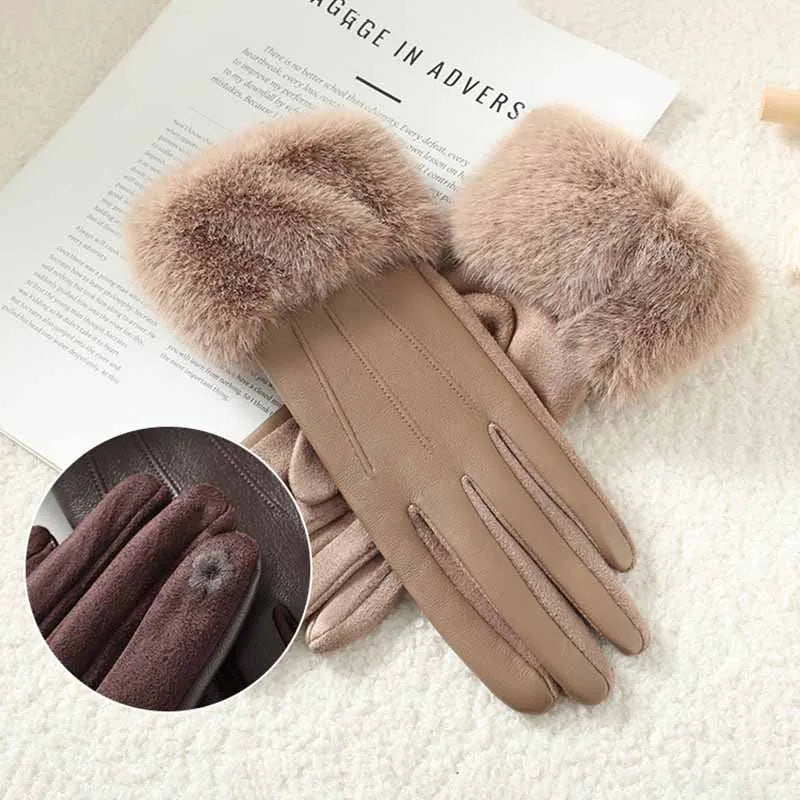 Women's Faux Leather Gloves with Faux Fur Cuff – Touchscreen