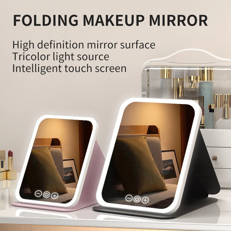 Foldable LED Makeup Mirror – 3 Light Colours, Dimmable Touch Control, Rechargeable