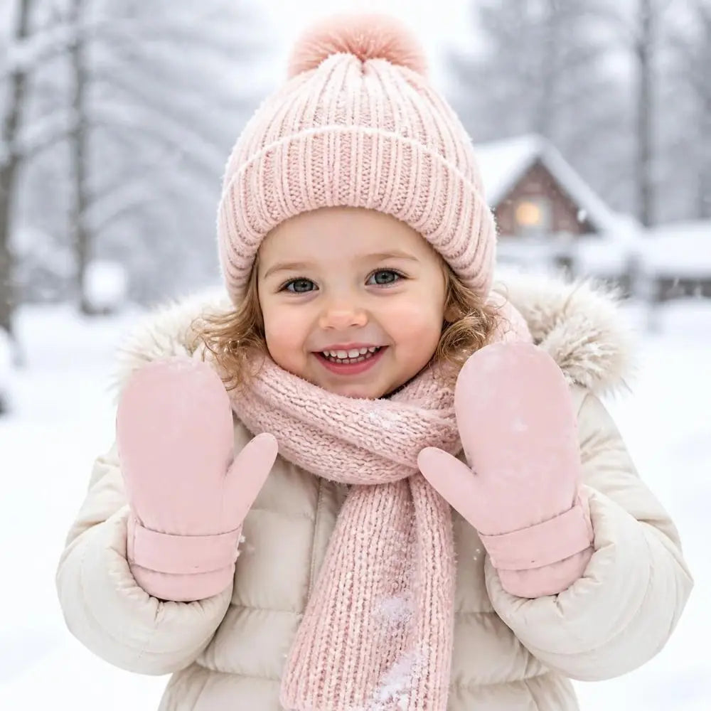 Kids' Fleece-Lined Snow Mittens with Anti-Lost Clip – Solid Colours