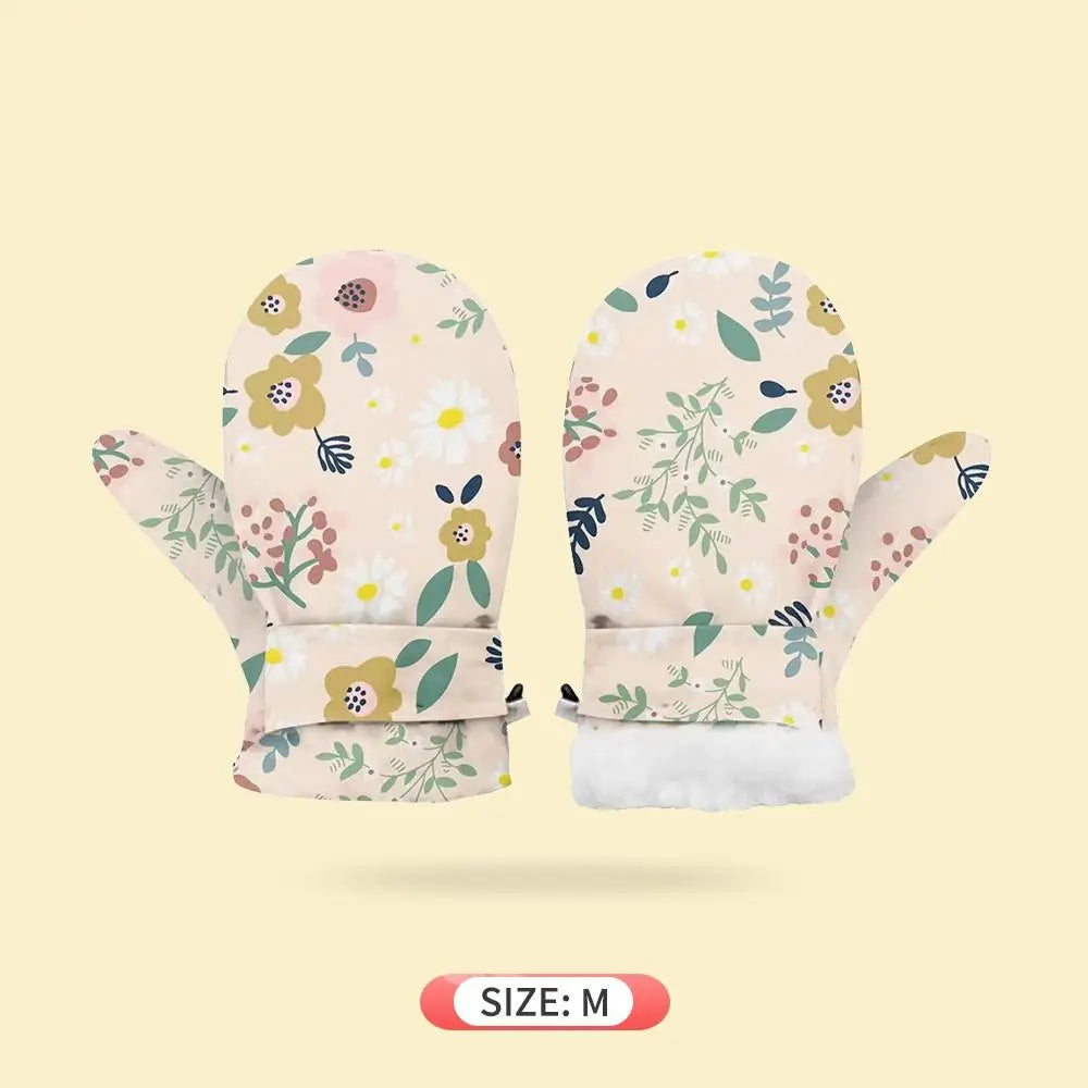 Kids' Floral Fleece-Lined Snow Mittens with Anti-Lost Clip