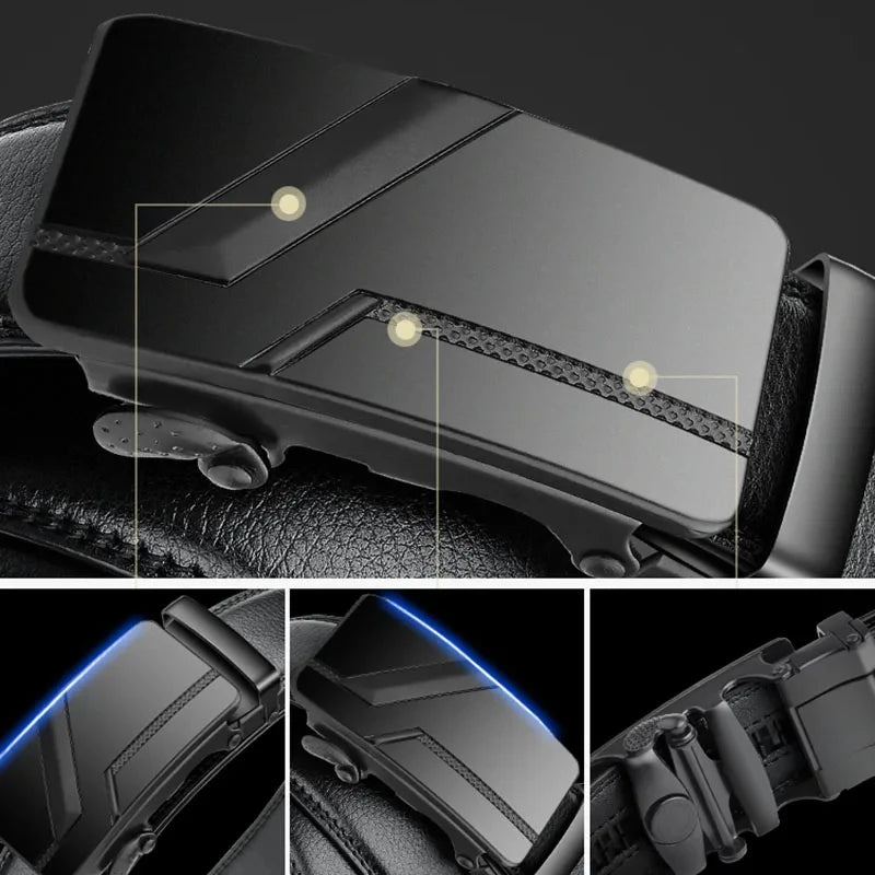 Men's Automatic Buckle Belt – Black Faux Leather Ratchet Belt, 110–130 cm