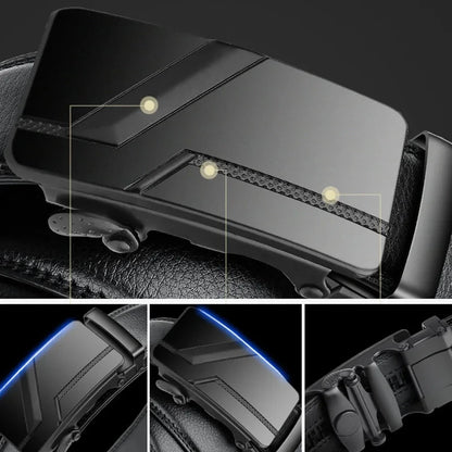 Cintura da uomo con fibbia automatica – Cintura a cremagliera in similpelle nera, 110–130 cm