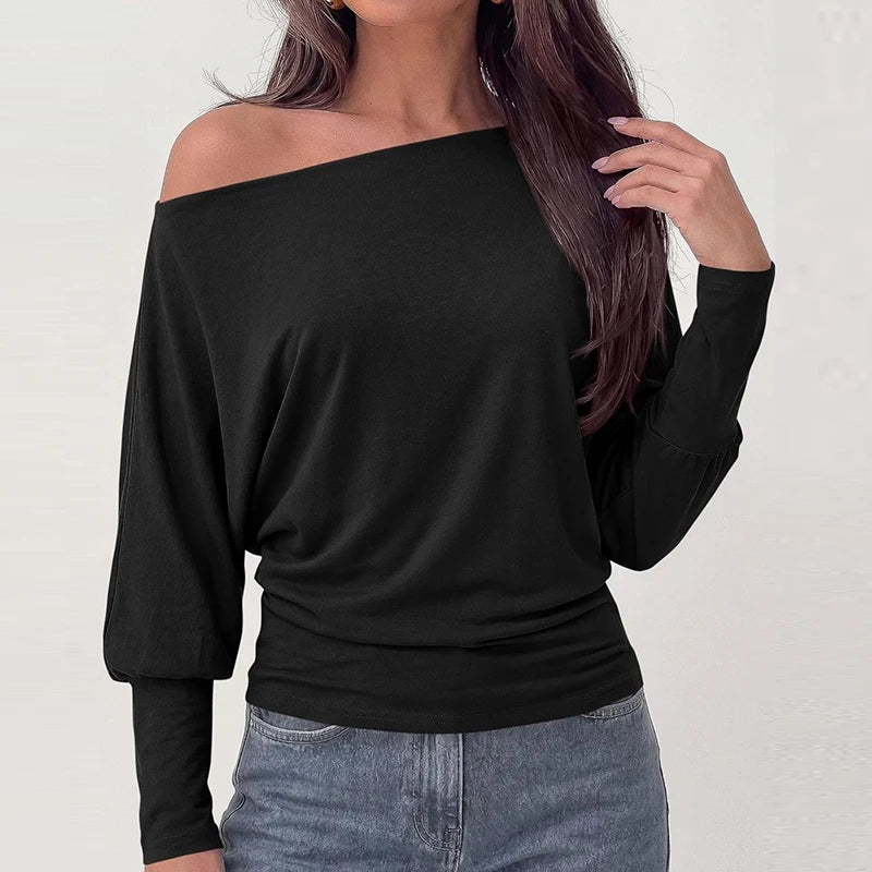 Elegant Off Shoulder Women T-Shirts Solid Color Long Sleeve Shirts For Women Spring Autumn Loose Pullover Lady Basic Tops