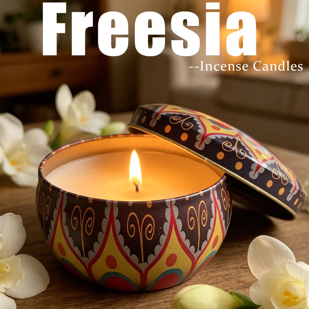 Exquisite Scented Candles in a Tin Box, Containing 4 Flavors Including Honeysuckle, Lavender, Lemongrass, and Freesia, Essential Oil-Infused, with Long-Lasting Fragrance, Suitable for Home, Office, Yoga, and Meditation