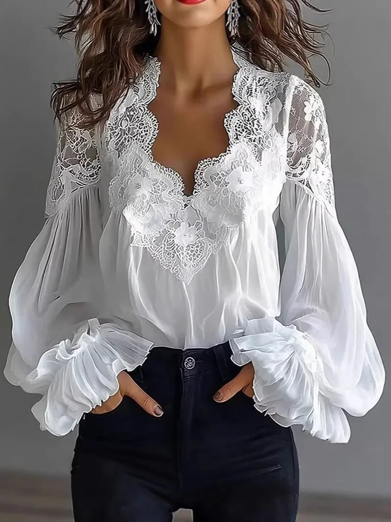 Women's Blouse Black White Elegant Sexy V-neck Lace Splicing Lantern Sleeve Solid Blouse Office Commuter Chic Shirt For Female