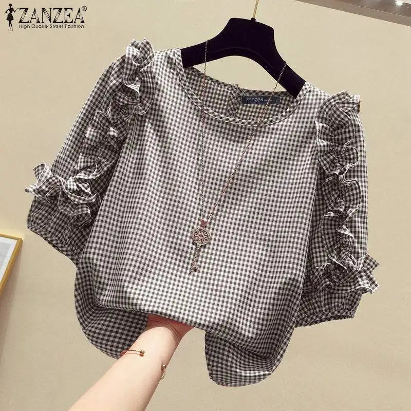 Ruffle-Trim Plaid Lantern-Sleeve Blouse