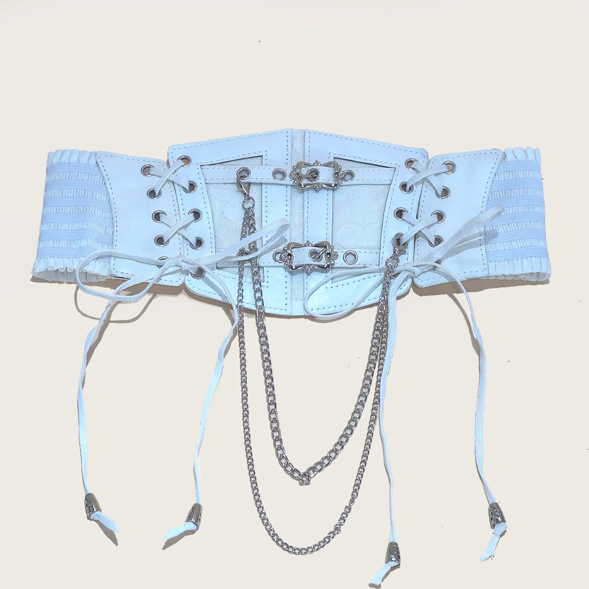 Lace-Up Corset Belt with Chain – Wide Faux Leather Waist Belt