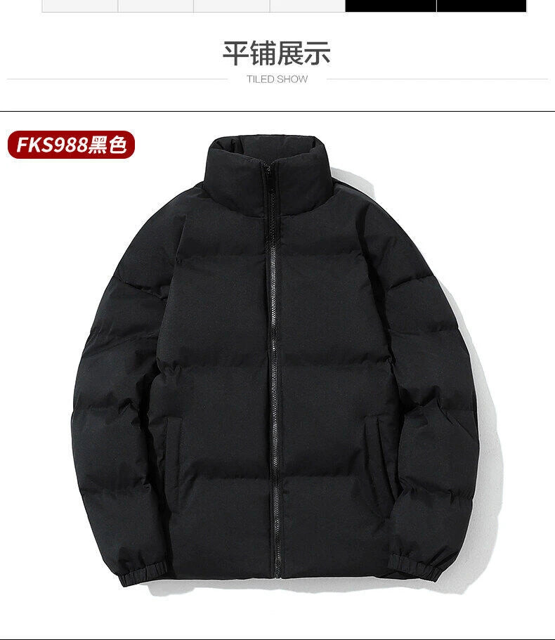 Women Men Winter Puffer Jacket, Solid Color Zip Up Stand Collar Warm Coat, Loose Casual Long Sleeve Outerwear For Daily