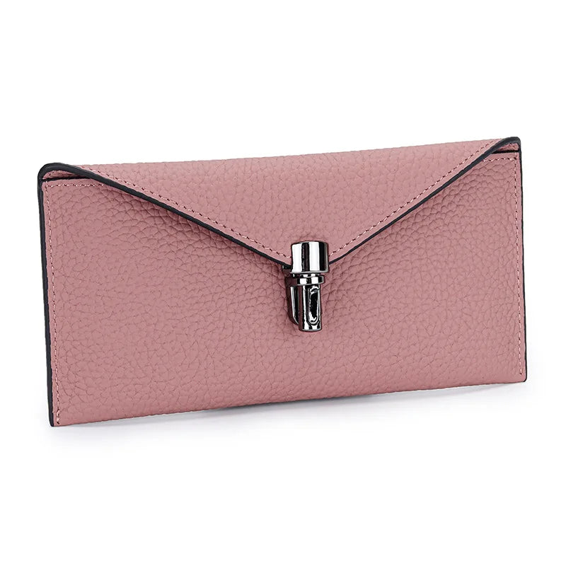 Genuine Leather Envelope Wallet for Women – Slim Long Clutch with Lock Clasp