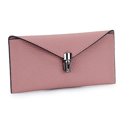 Cartera tipo sobre de cuero genuino para mujer – Clutch largo y delgado con cierre de seguridad