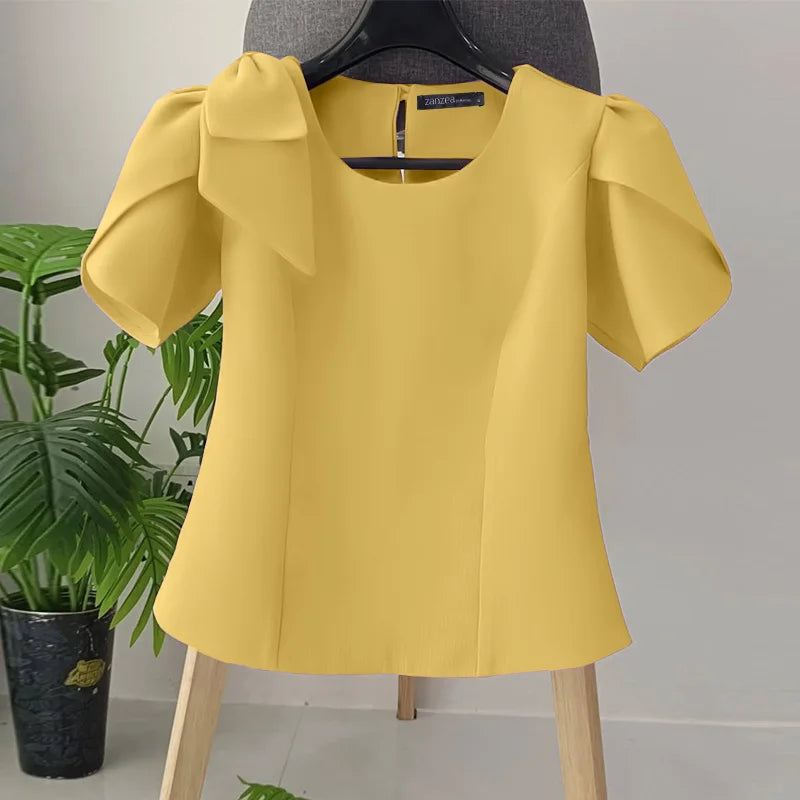 Women Blouse ZANZEA Elegant Office Lady Summer Short Puff Sleeve Bow Fashion Shirts 2025 Casual Solid Color Tops Tunic Blusas