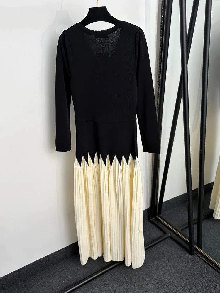 Women's V-Neck Patchwork Knit Midi Dress