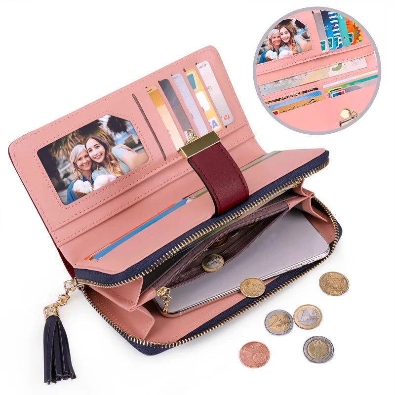 Women's Colour-Block Long Zip Wallet – RFID Blocking, 9 Card Slots, Fits a Phone