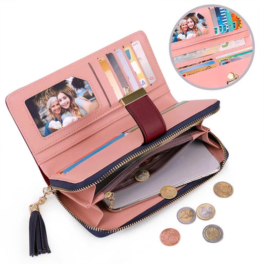 Women's Colour-Block Long Zip Wallet – RFID Blocking, 9 Card Slots, Fits a Phone