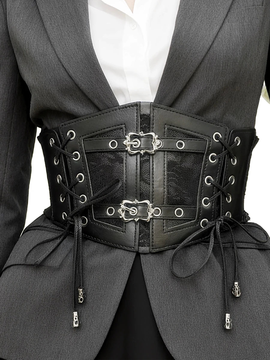 Lace-Up Corset Belt with Chain – Wide Faux Leather Waist Belt