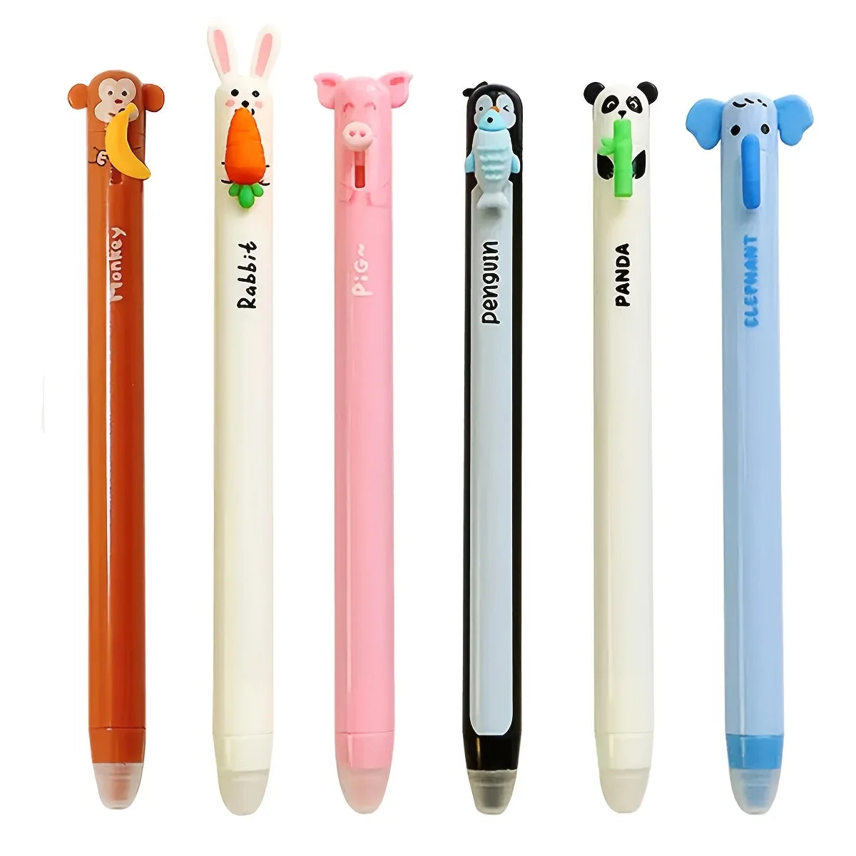 6pcs Animal-shaped Erasable Gel Pen Set, 0.7mm Fine Tip, Blue Ink, Built-in Eraser, Ideal for Note-taking and Writing,Side press