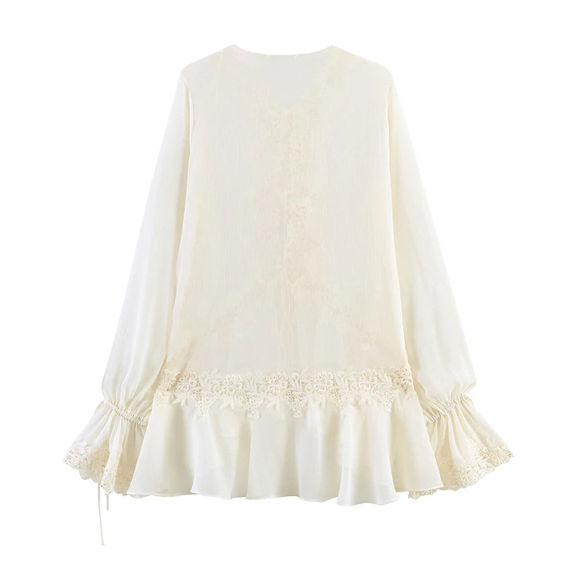 Willshela Women Fashion Lace Patchwork Lace Up Ruffled Pleated Blouse Vintage O-Neck Long Sleeves Female Chic Lady Shirts