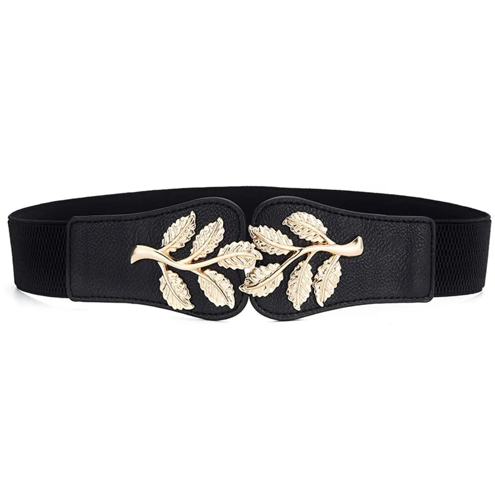 Women's Gold Leaf Elastic Waist Belt – Double Hook Buckle