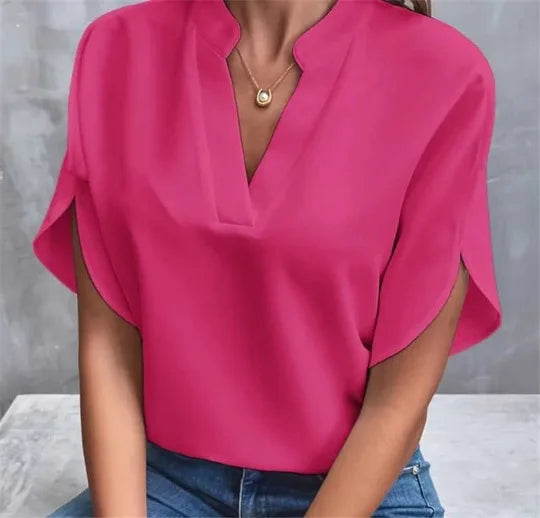 Women's Elegant V-Neck Chiffon Blouse – Casual Short Sleeve Loose Summer Top