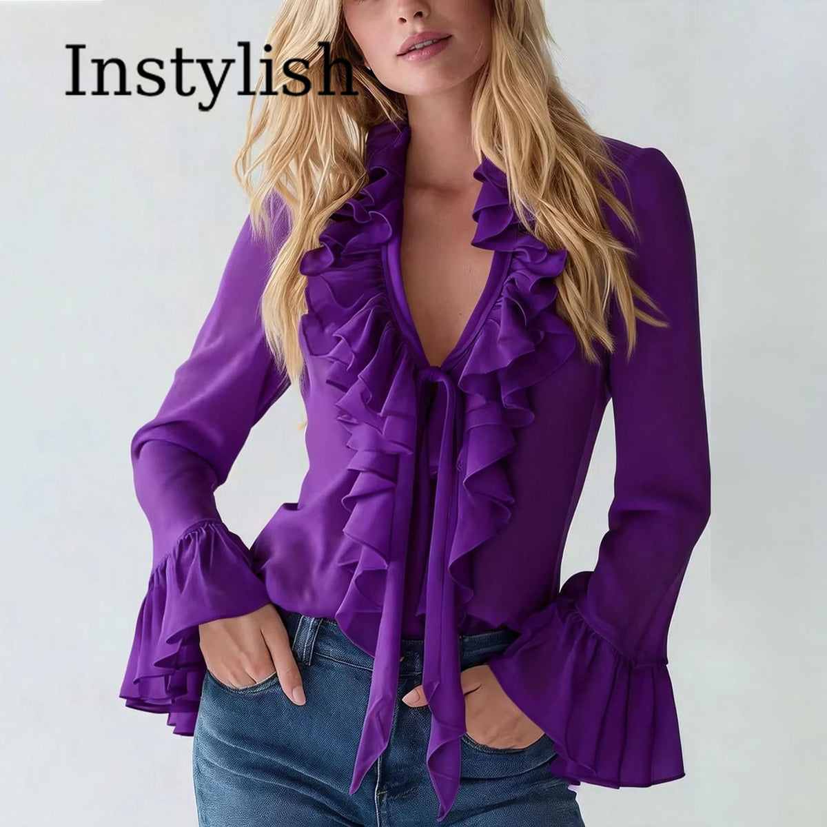 V-Neck Ruffle Sleeve Chiffon Blouse