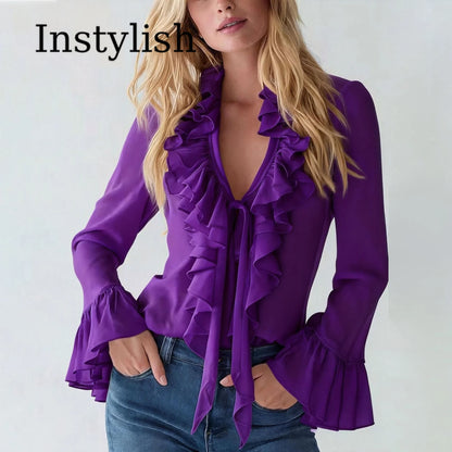 Chiffonbluse mit V-Ausschnitt und Rüschenärmeln