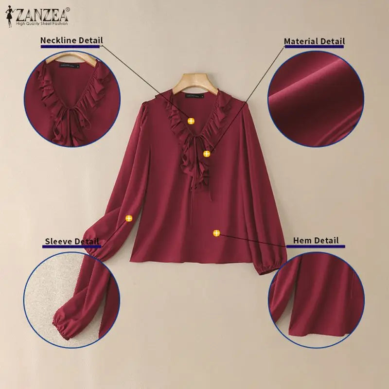 Ruffle Lace-Up Lantern-Sleeve Blouse