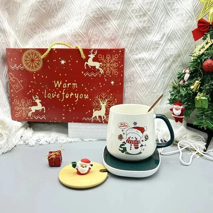Santa Mug Warmer Gift Set – Ceramic Mug with Lid, Spoon & 55°C Warming Coaster
