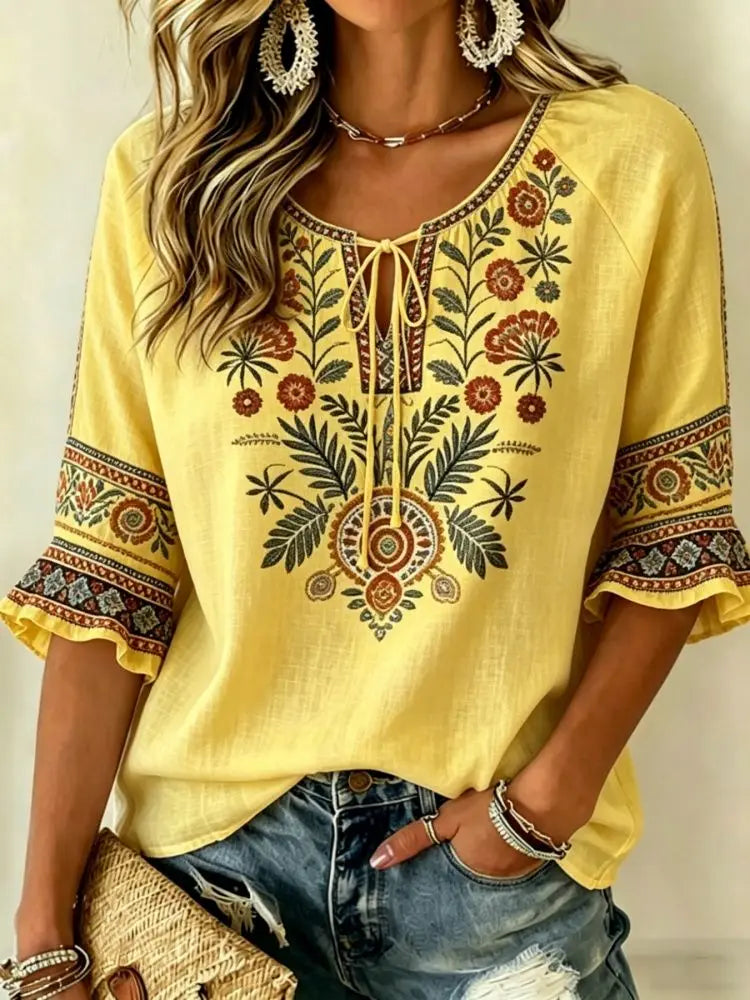 Women's Pink Floral Embroidered Tie Neck Blouse, Casual Loose Tops for Spring Summer Daily Wear & Vacation Occasions