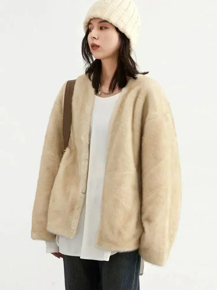CHIC VEN Women's Jacket Loose Casual Solid Overcoat New Female Plush Coat V-neck Woman Outerwear Autumn Winter 2026