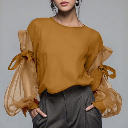 Mesh-Bluse mit Schleifendetail und Laternenärmeln