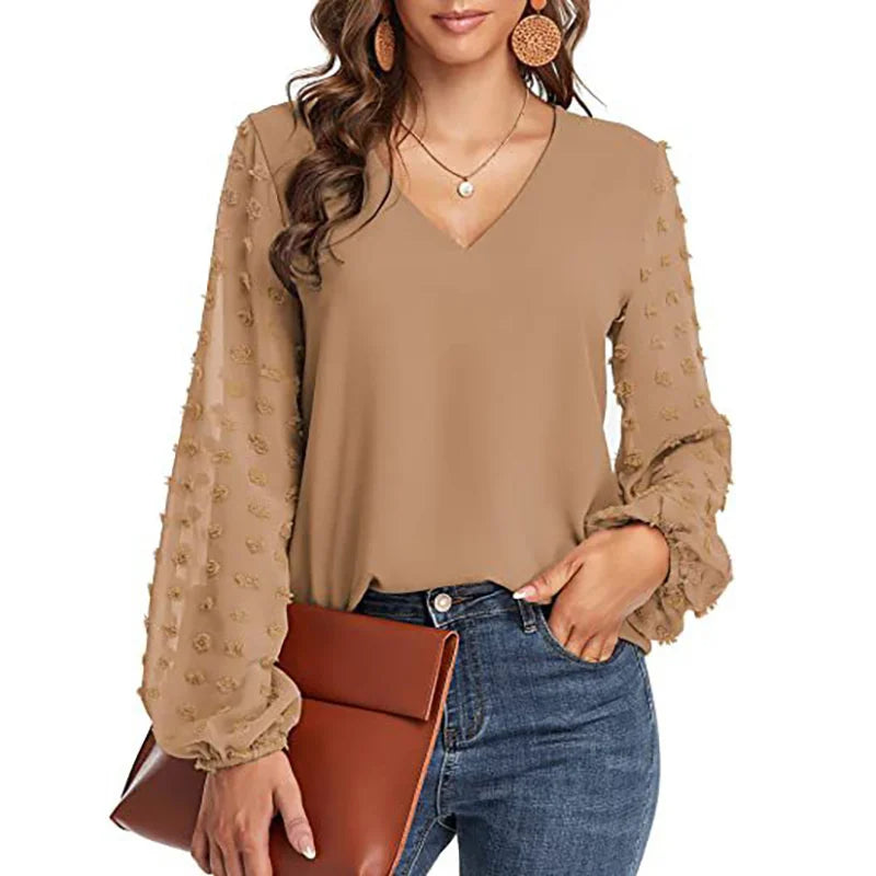 Elegant Chiffon Splicing Bubble Sleeve Blouse Female British Style Comfortable Commuter Shirt Women's V Neck Pullover Loose Tops