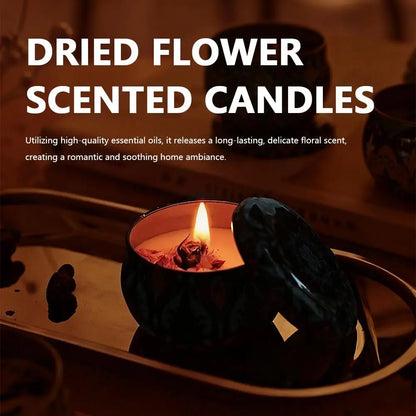 Duftkerze aus Sojawachs mit Trockenblumen | Rauchfreie Kerze im Metalldöschen | 8 Düfte — Lavendel, Rose, Jasmin & mehr