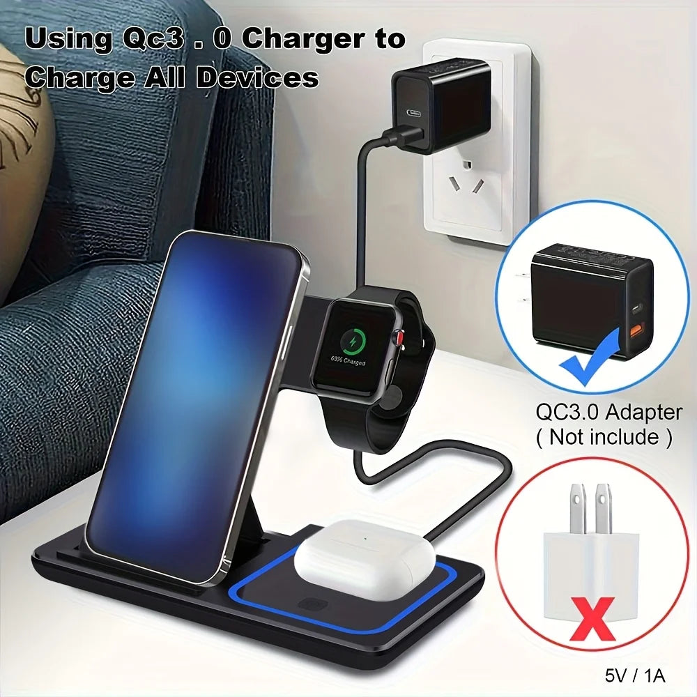 Foldable 3-in-1 Wireless Charging Station for Phone, Watch & AirPods