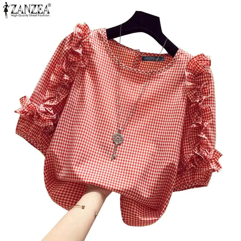 Ruffle-Trim Plaid Lantern-Sleeve Blouse