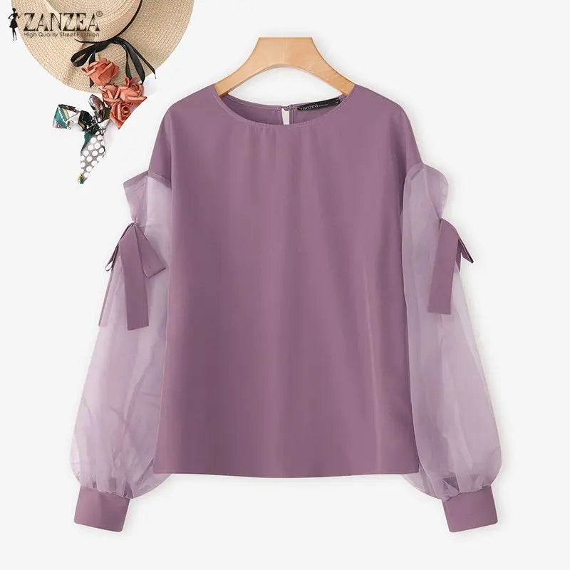 ZANZEA Elegant Bow Women Blouse 2025 Autumn Fashion Mesh Patchwork Long Lantern Sleeve Casual Tops Shirts Korean Ladies Blusas