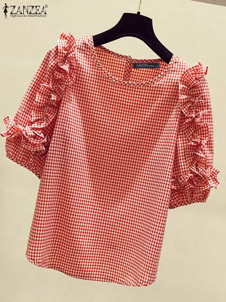 Ruffle-Trim Plaid Lantern-Sleeve Blouse