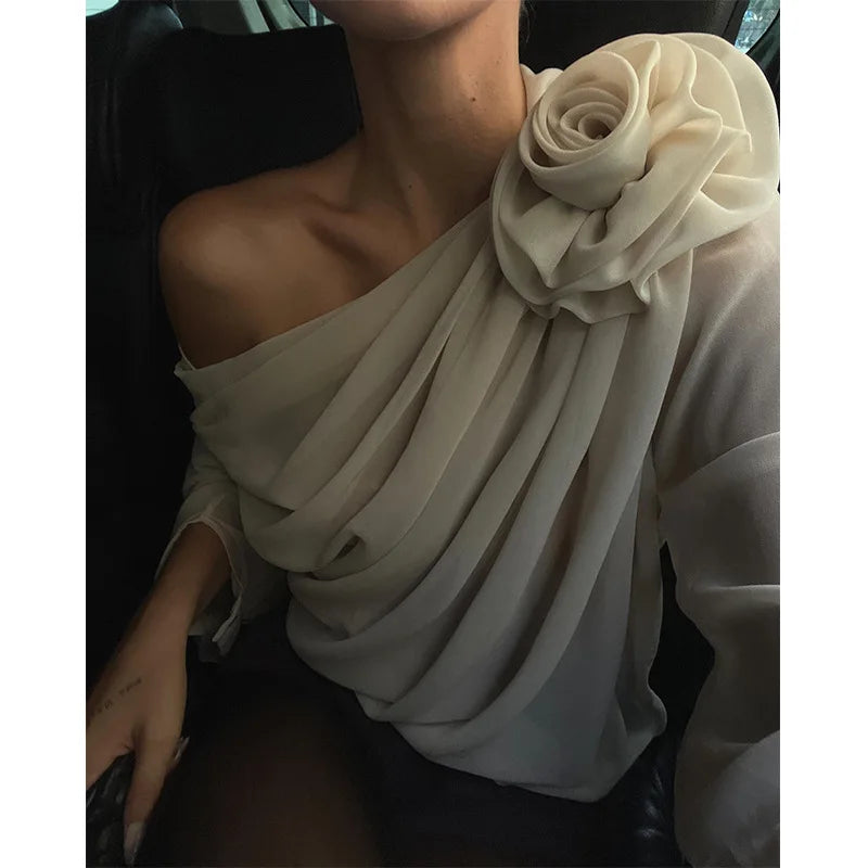 Women's Chiffon Blouse – Tie Flower Slash Neck Loose Top for Spring & Summer