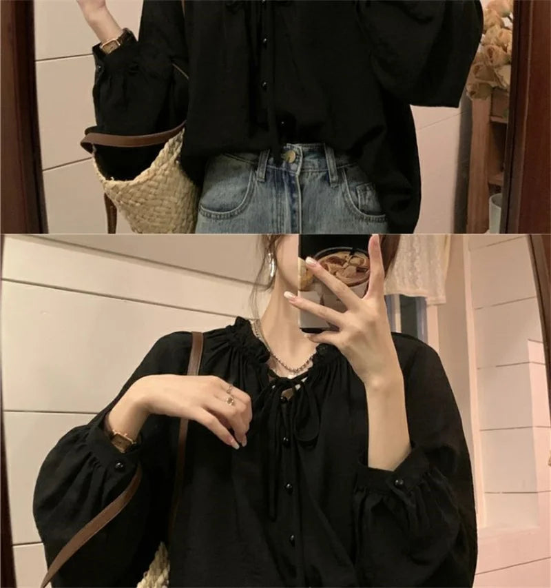 French Solid Color Leisure Women Sweet Solid Color V-neck Ruffled Edge Pullover Shirt Female Loose Fitting Lantern Sleeve Blouse