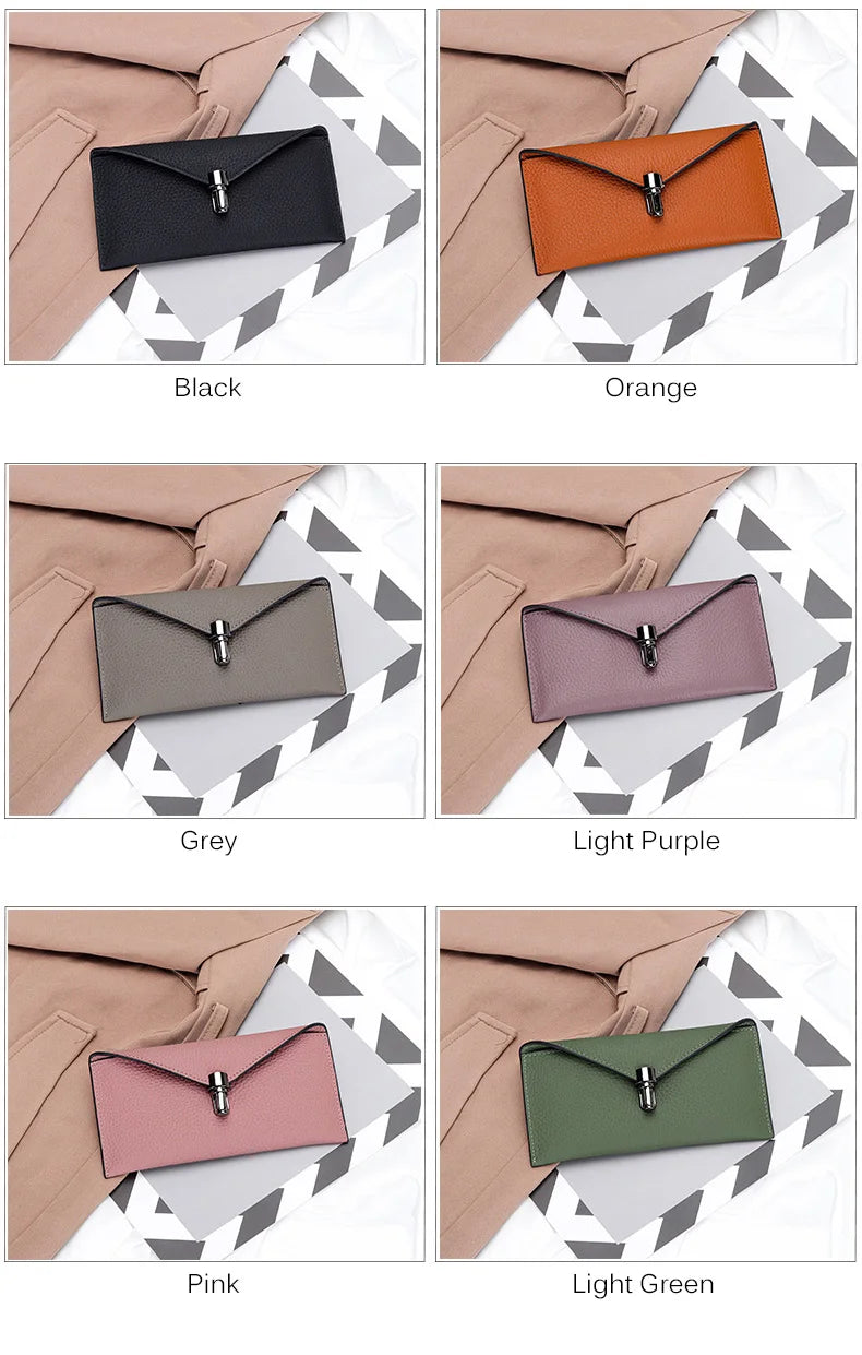 Genuine Leather Envelope Wallet for Women – Slim Long Clutch with Lock Clasp