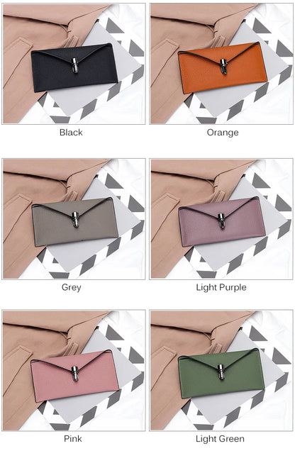 Cartera tipo sobre de cuero genuino para mujer – Clutch largo y delgado con cierre de seguridad