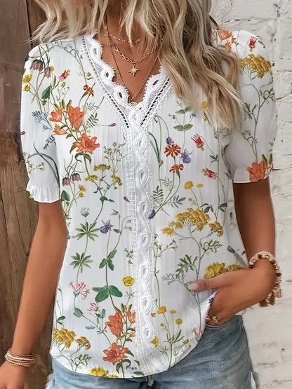 Top in jacquard con scollo a V e dettagli in pizzo