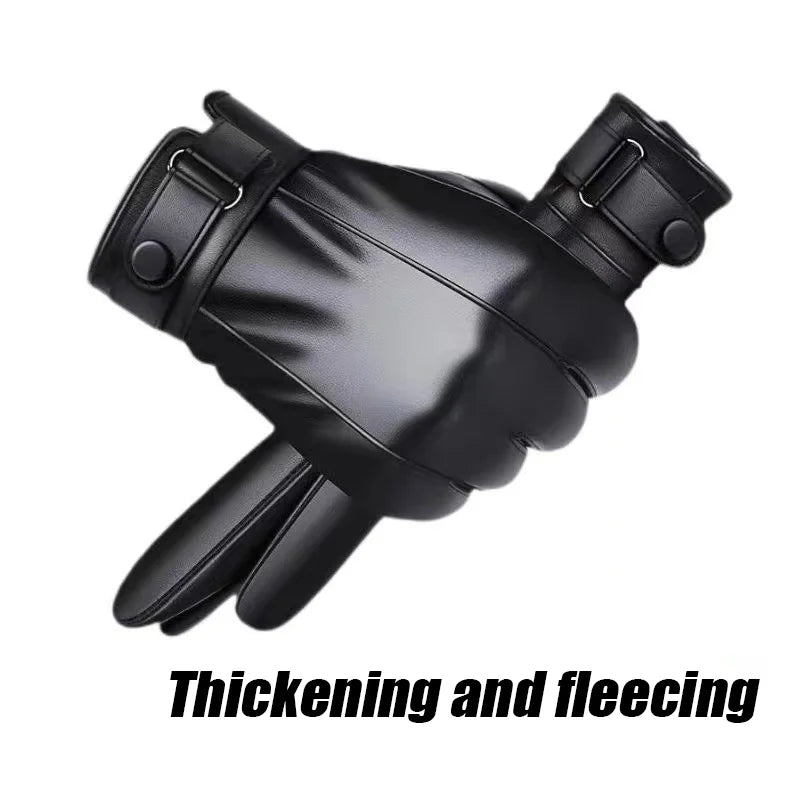 Men's Velvet-Lined Faux Leather Winter Gloves – Black
