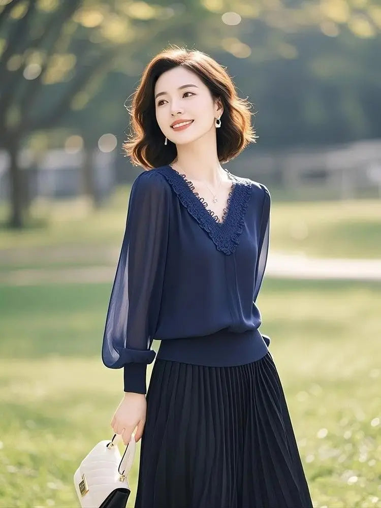 Spring Autumn Office Lady Lace Patchwork Solid Color V-neck Long Sleeve Shirts Female Fashion Net Yarn Lantern Sleeve Blouse