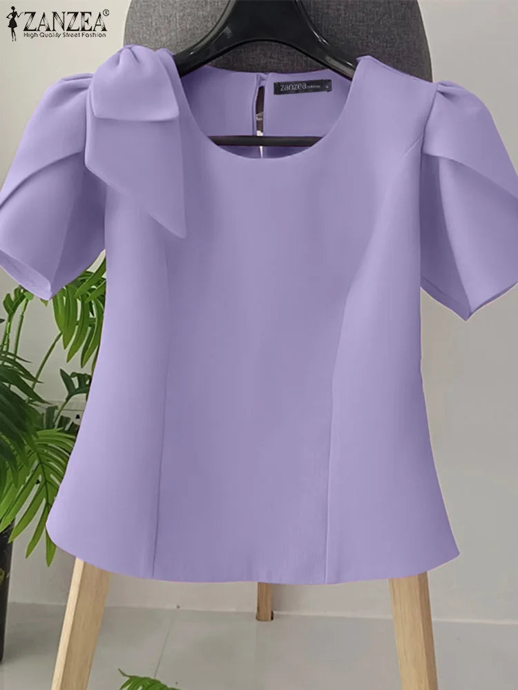 Women Blouse ZANZEA Elegant Office Lady Summer Short Puff Sleeve Bow Fashion Shirts 2025 Casual Solid Color Tops Tunic Blusas