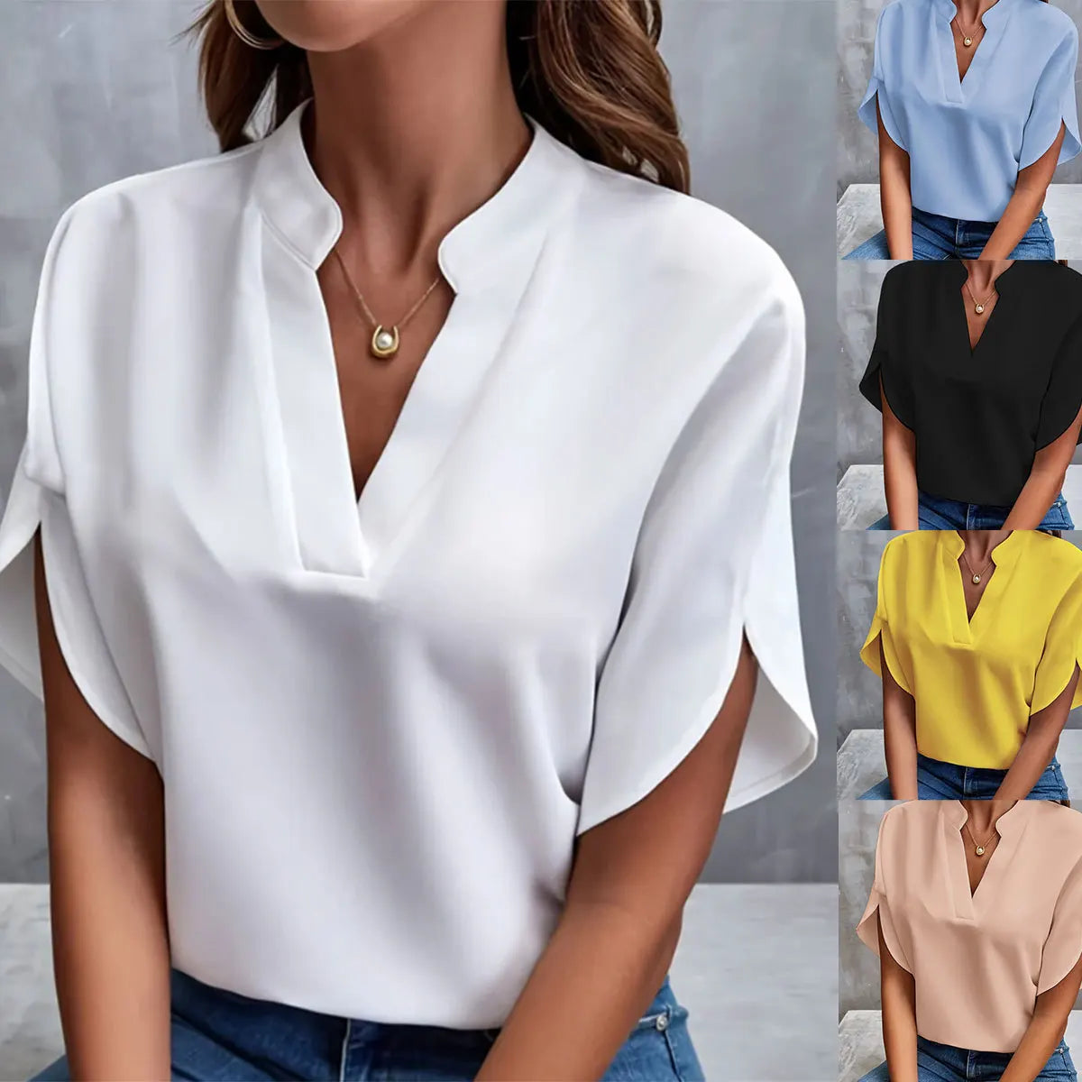 Women's Elegant V-Neck Chiffon Blouse – Casual Short Sleeve Loose Summer Top