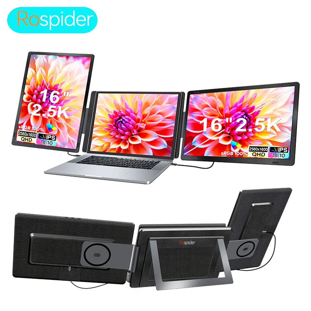 Rospider 16" 2.5K Portable Tri-Screen Monitor – Detachable Triple Screen Extender for Laptops, QHD IPS Display